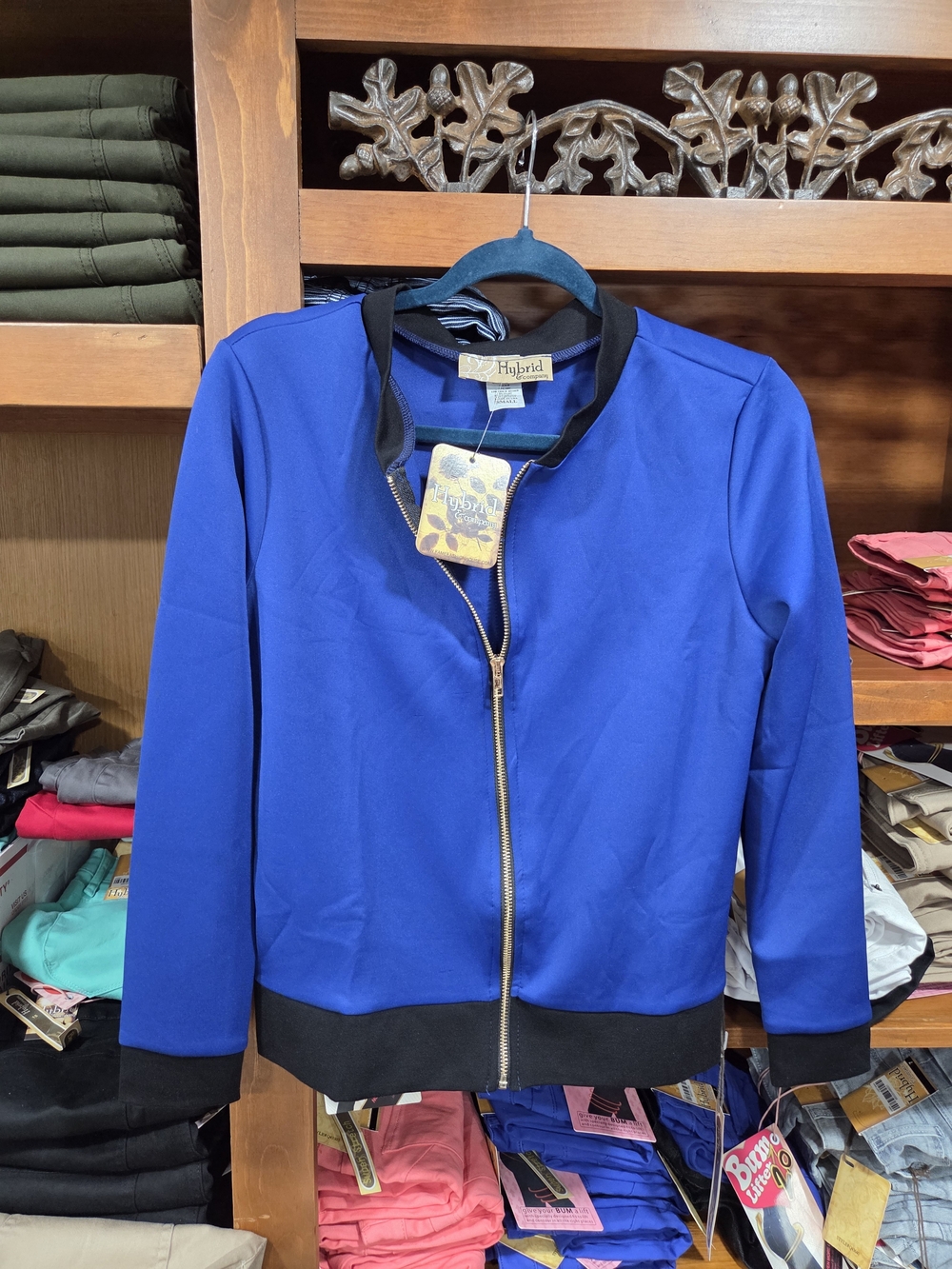 Hybrid & company Women's Cobalt Blue Bomber Jacket with Black Trim